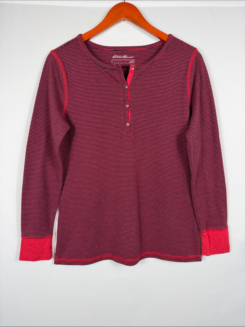Eddie Bauer Maroon, Blue, Red Striped Henley Long Sleeve Top. Womens Size L